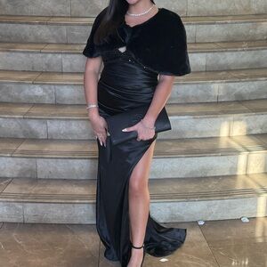 Black formal floor length dress with faux fur shawl